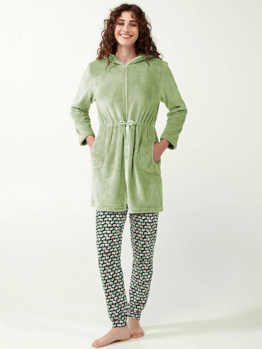 Vamp Χειμερινή Γυναικεία Fleece Ρόμπα Green Foam