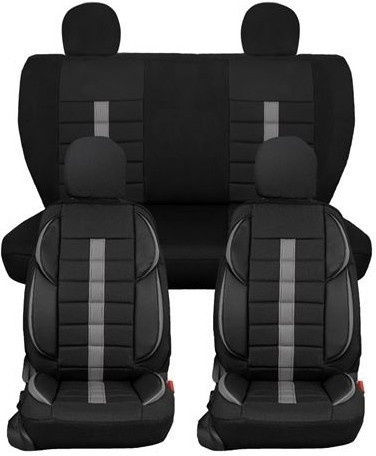 Set Universal Car Seat Covers Front Rear Black Gray Stripe Textile Faux Leather