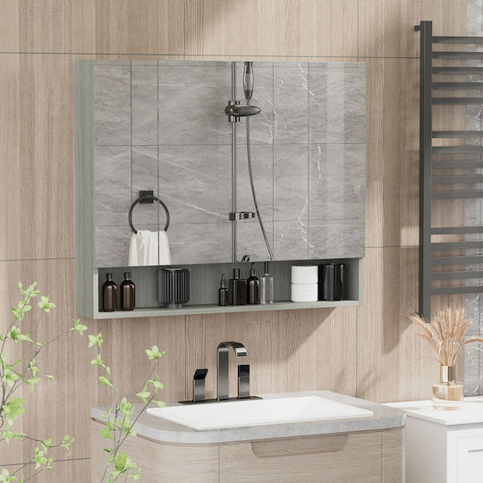 Kleankin Oglindă de Baie din MDF cu Raft & Dulap 90x15cm Gri