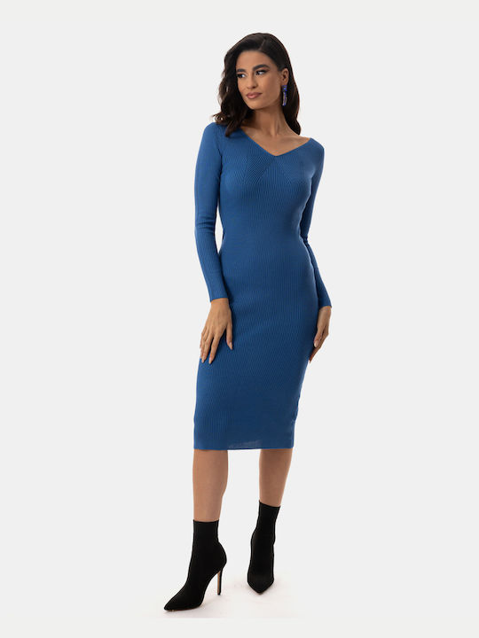 Πλεκτό Φόρεμα Maxi V Neck Μπλε Μπλε