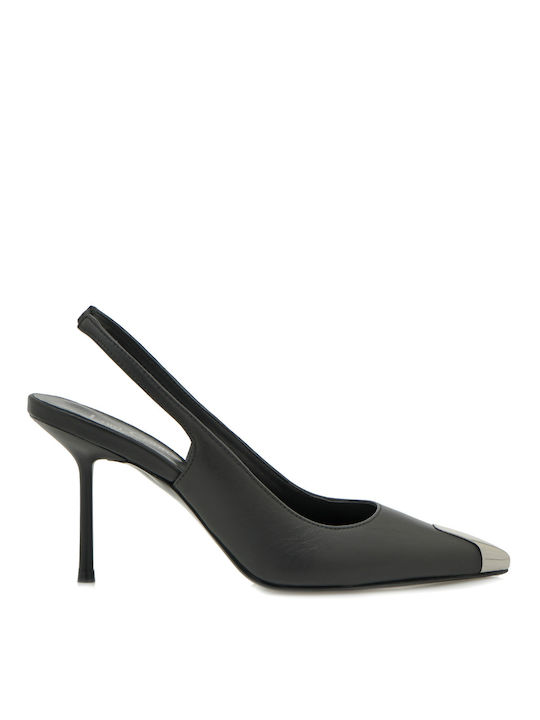 Leather Black High Heels with Strap