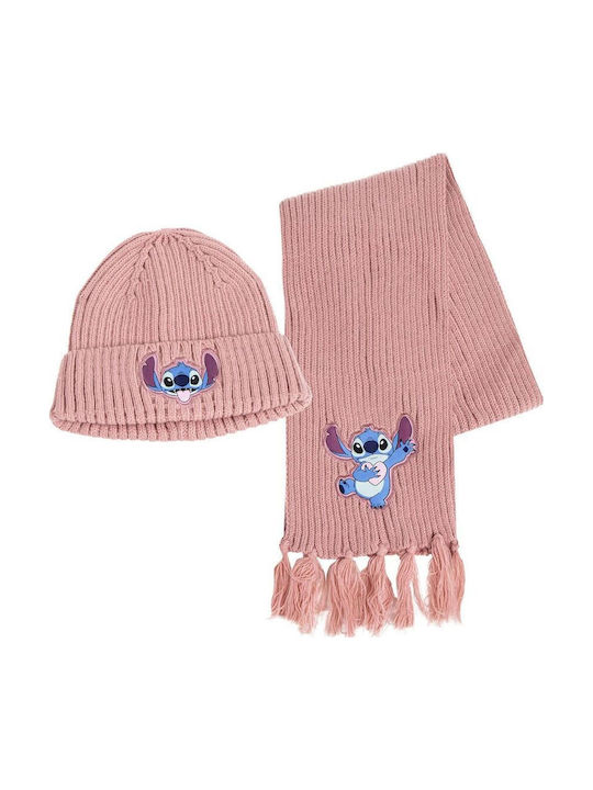 Stitch Детски Шапки Комплект с Шал Плетено Розов
