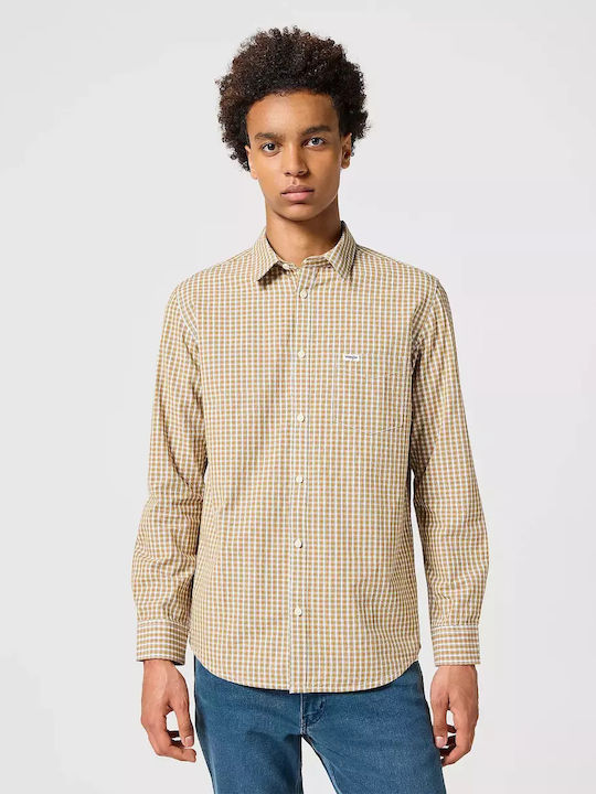 Long-sleeved Cotton Shirt Checked Dijon