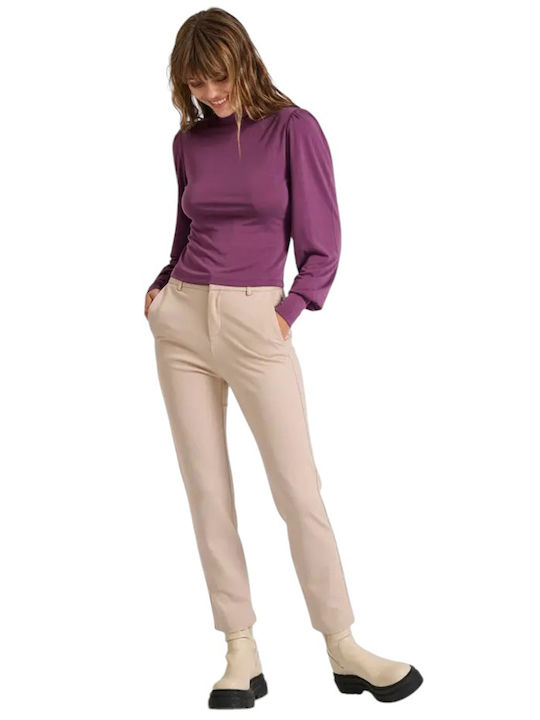 Women's High-waisted Fabric Capri Trousers Regular Fit Beige