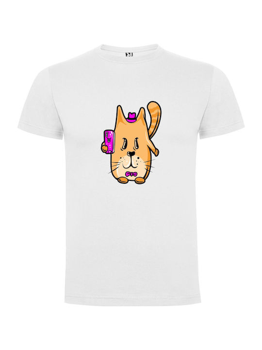 Cutesy Cat Phone Art T-shirt Weiß Baumwolle