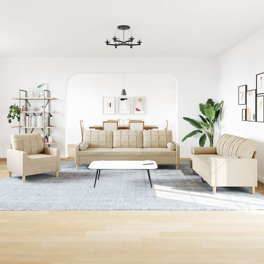 Vidaxl 3-teiliges Wohnzimmer-Set mit cremefarbenen Zierkissen Stoff 77x77x80cm Zweisitzer Dreisitzer Creme