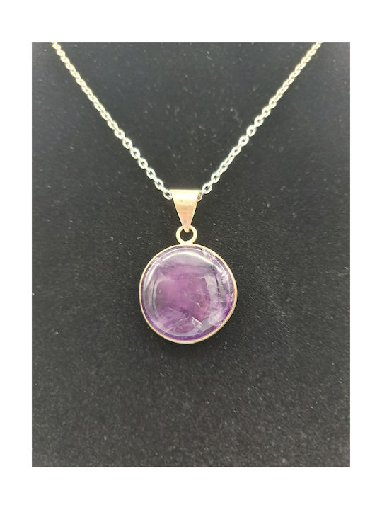 Silver-Plated Amethyst Circle Cabochon Cut Necklace