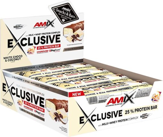 Amix Exclusive Batoane cu 24gr Proteină & Aromă Ciocolată albă cu nucă de cocos 12x85gr