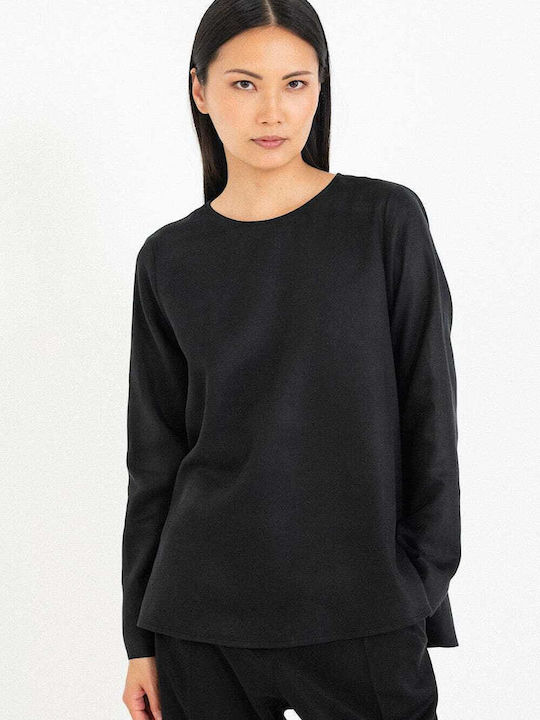 Philosophy Wear Damen Sommer Bluse Leinen Langärmelig black