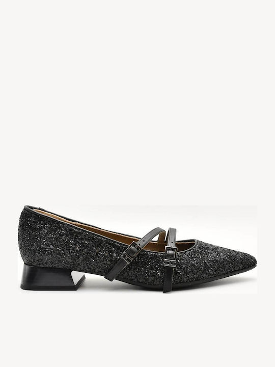 Leather Pointed Toe Black Low Heels with Strap