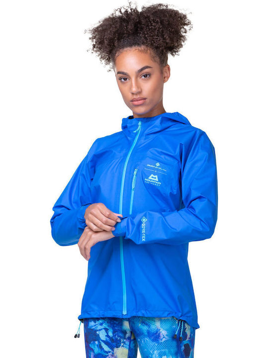 Women's Running Short Sports Hardshell Jacket Waterproof and Windproof for Winter with Hood Elec Blue/aquamint Blue