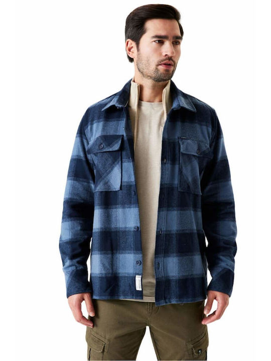 Garcia Men's Shirt Overshirt Long Sleeve Cotton Checked Blue Plaid