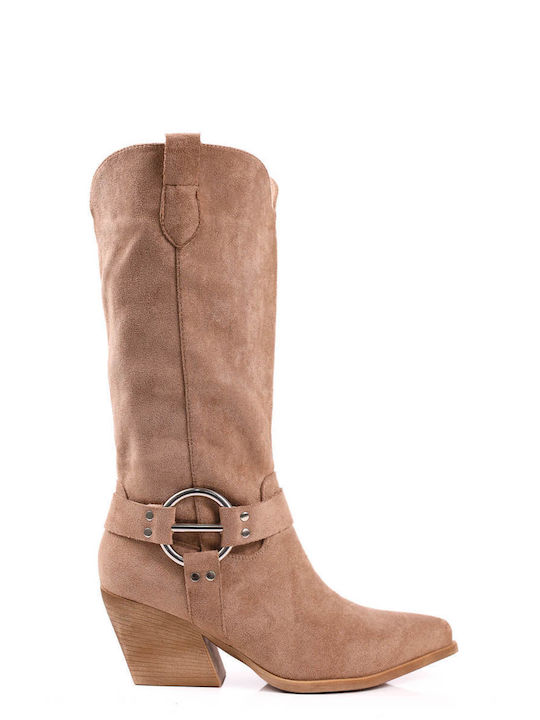 Beige Western Boots with Metal Buckle