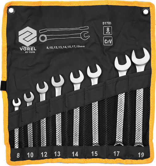Vorel Flat Ring Wrench Set 8pcs 8-19mm Chrome Satin Finish In Case 51705