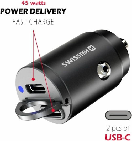 Swissten Auto-Ladegerät 45W 3A Schnellladung mit Anschlüssen: 1xUSB 2xType-C Schwarz Farbe