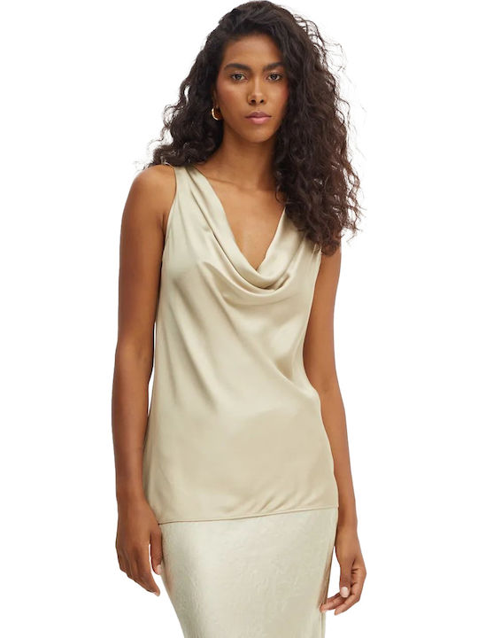 Bawida Γυναικεία Μπλούζα Σατέν Αμάνικη Ντραπέ Beige