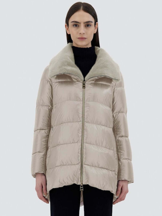 Woven Κοντό Γυναικείο Puffer Μπουφάν για Χειμώνα Μπεζ