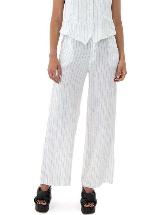 Baker's Dozen Damen Hoch tailliert Leinen Hose Straight Gestreift WHITE- BLACK