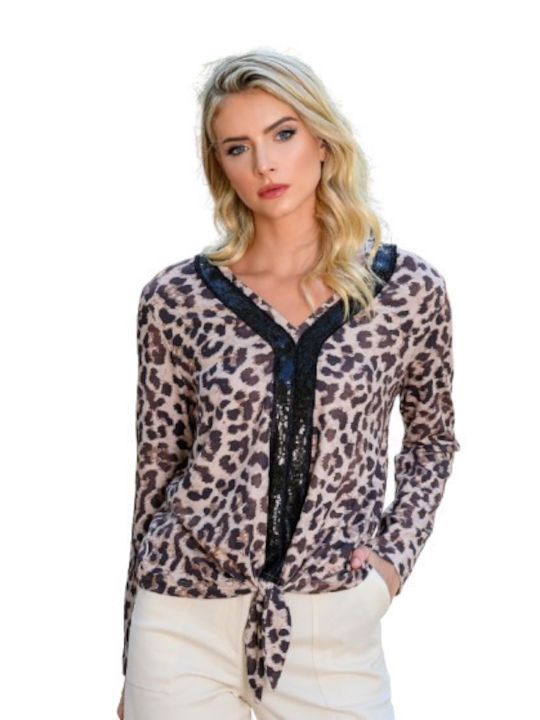 Women's Blouse Long Sleeve Animal Print Brown