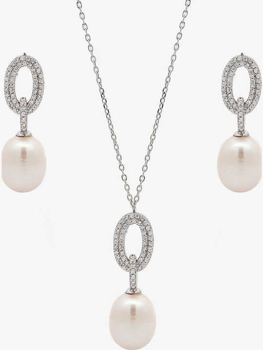 Set with Necklace & Earrings from Silver with Stones and Pearls