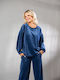 Damen Bluse Samt Blue