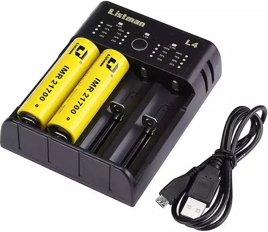 Listman L4 USB Charger 4 Batteries Li-ion/Ni-Cd/Ni-MH Size AA/AAA/18650/21700/16340/26650/14500