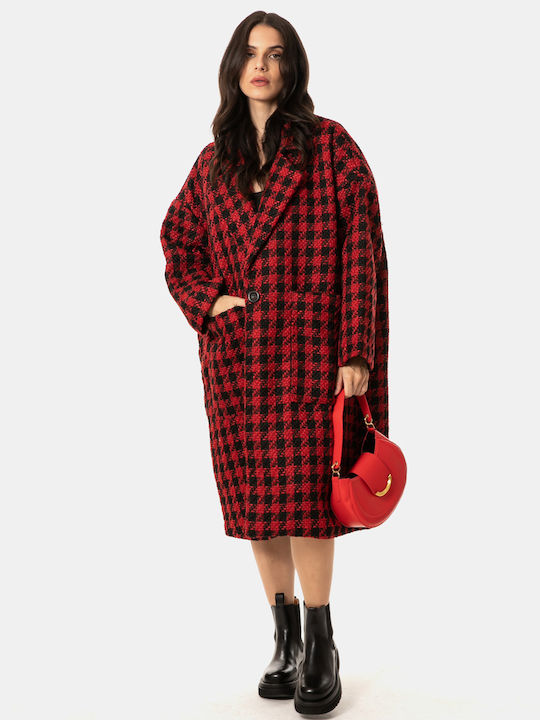 Women's Checked Red Coat Oversized with Buttons