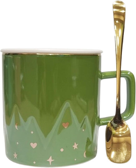 Etoile Green Stars Κούπα Κεραμική με Καπάκι Πράσινη 400ml