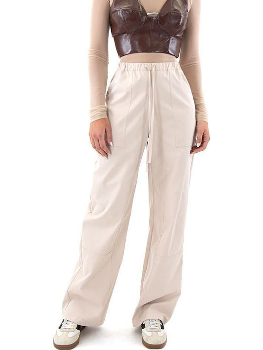 Women's High-waisted Fabric Trousers Straight Line Ecru