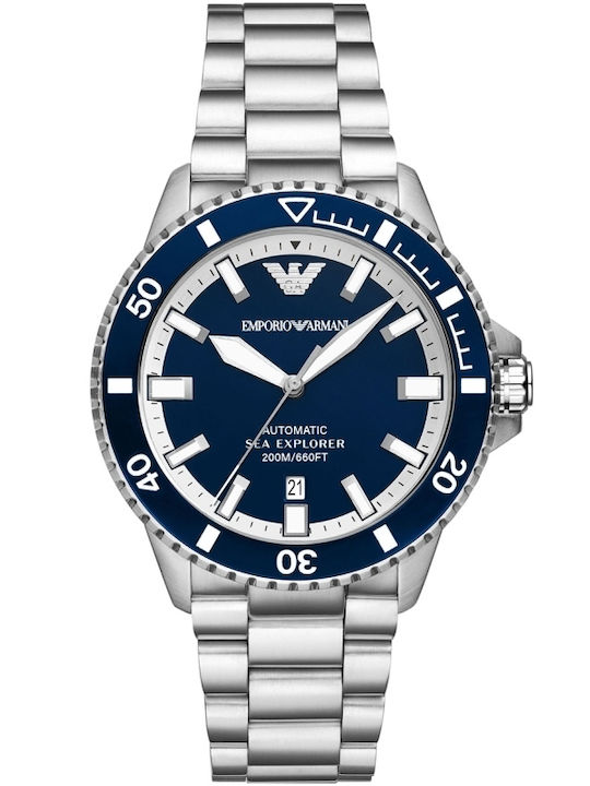Emporio Armani Ανδρικό Ρολόι 42mm Αυτόματο με Ασημί Μεταλλικό Μπρασελέ