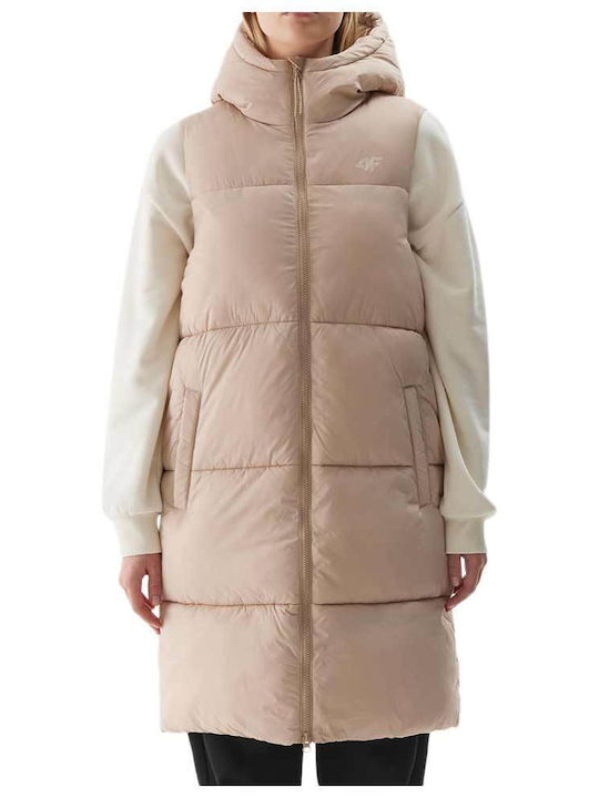Women's Long Puffer Jacket for Winter with Hood Beige