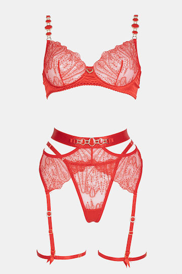 Decoro Sexy Σετ Εσωρούχων με Διαφάνεια & Ζαρτιέρες Κόκκινο
