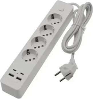 Jortan Bandă de alimentare Securitate 4 Prize cu 2 USB-A, 2 USB-C, Comutator și Cablu 2m