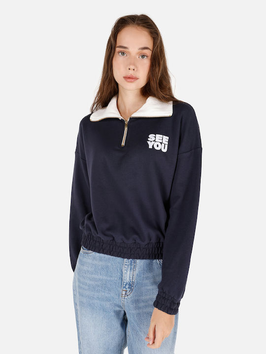 Γυναικείο Πουλόβερ Βαμβακερό με Κουκούλα Navy Blue