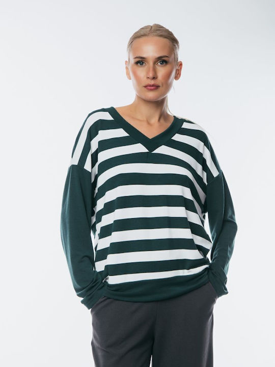 Women's Blouse with V Neckline Striped Green