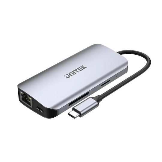 Unitek USB-C Docking Station με HDMI 4K PD Ethernet και σύνδεση 2 Οθονών Ασημί