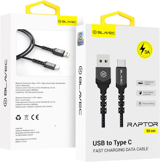 Blavec Raptor Braided USB 2.0 Cablu USB-C bărbătesc - USB-A 20W Negru 0.5m