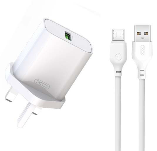 XO Ladegerät GaN mit USB-A Anschluss und Kabel Micro-USB 18W Schnellaufladung 3.0 Weißs (L103 UK)