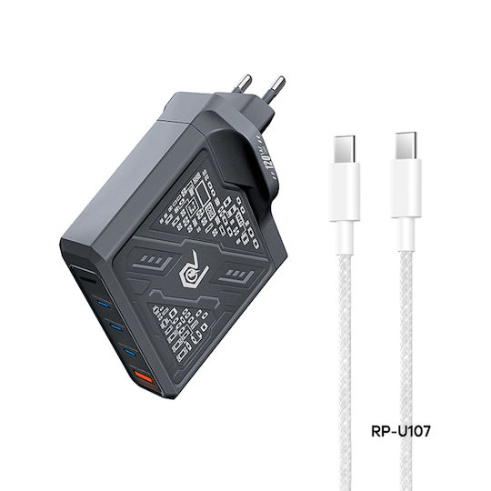 Remax Φορτιστής GaN με Θύρα USB-A και 3 Θύρες USB-C και Καλώδιο USB-C - USB-C 120W Μαύρος (RP-U107)