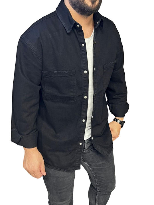 Overshirt Din Denim Cu Mânecă Lungă Linie Îngustă Negru