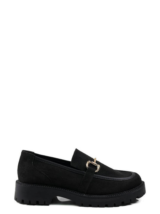 Black Suede Loafers with Gold Metallic Detail