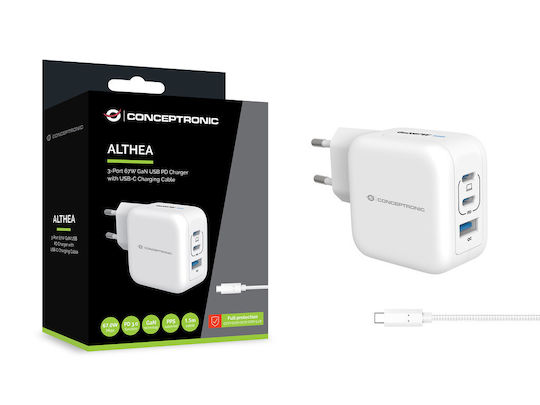 Conceptronic Φορτιστής GaN με Θύρα USB-A και 2 Θύρες USB-C και Καλώδιο USB-C - USB-C 67W Power Delivery Λευκός (ALTHEA17W)