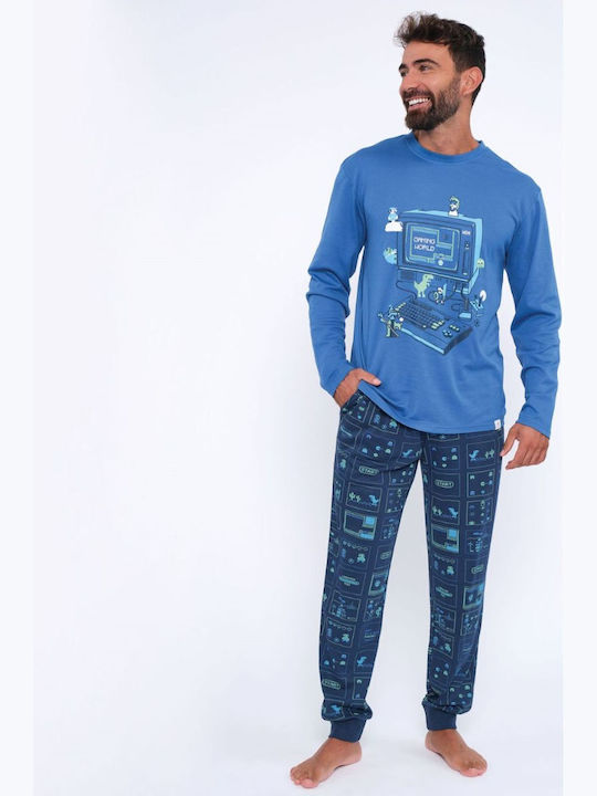 Muydemi Men's Winter Cotton Pajamas Set BLUE