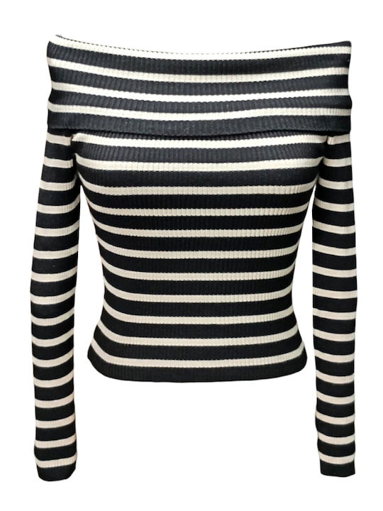 Women's Long Sleeve Sweater Striped Black