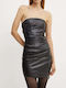 Mini Evening Strapless Leather Dress with Ruffles Black