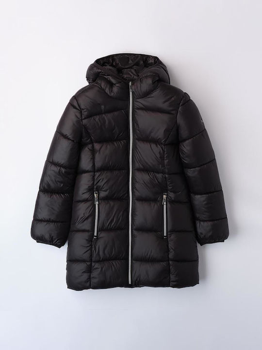Kids Quilted Long Coat with Hood Black