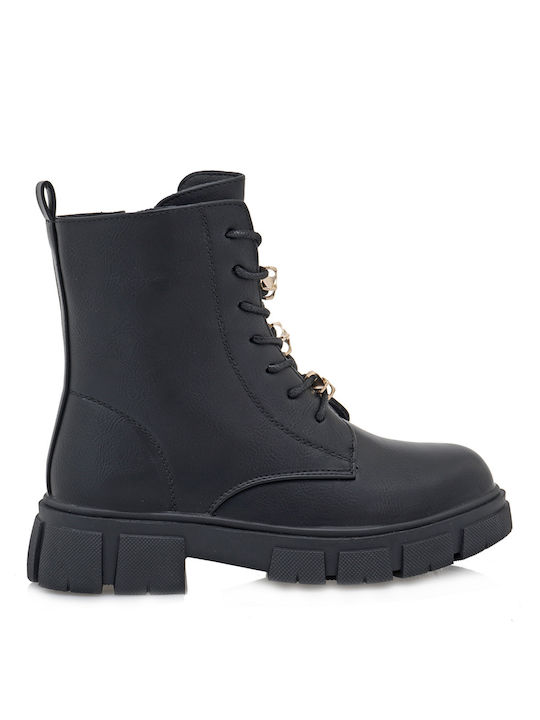 Renato Garini Kids PU Leather Military Boots with Zipper Black