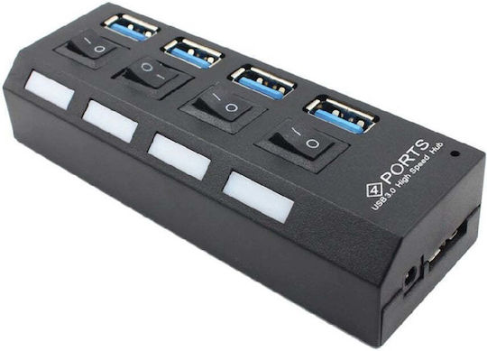 USB Hub 4 Ports USB 3.0 High Speed On Off Button Power Cable Black