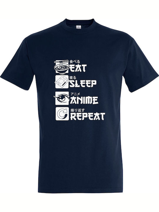 Eat Sleep Anime Repeat T-shirt Navy Μπλε Βαμβακερό