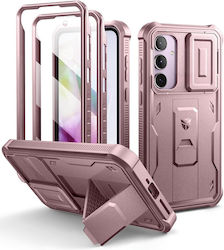 Брониран калъф Samsung Galaxy A35 Dexnor с пълно покритие и две рамки в розово злато Брониран калъф Samsung Galaxy A35 Dexnor с пълно покритие и две рамки в розово злато
